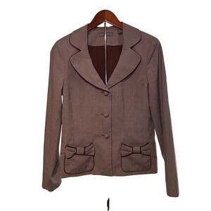 Kate Hill Blazer Brown Plaid Bow Pockets Button Front Jacket Size 6